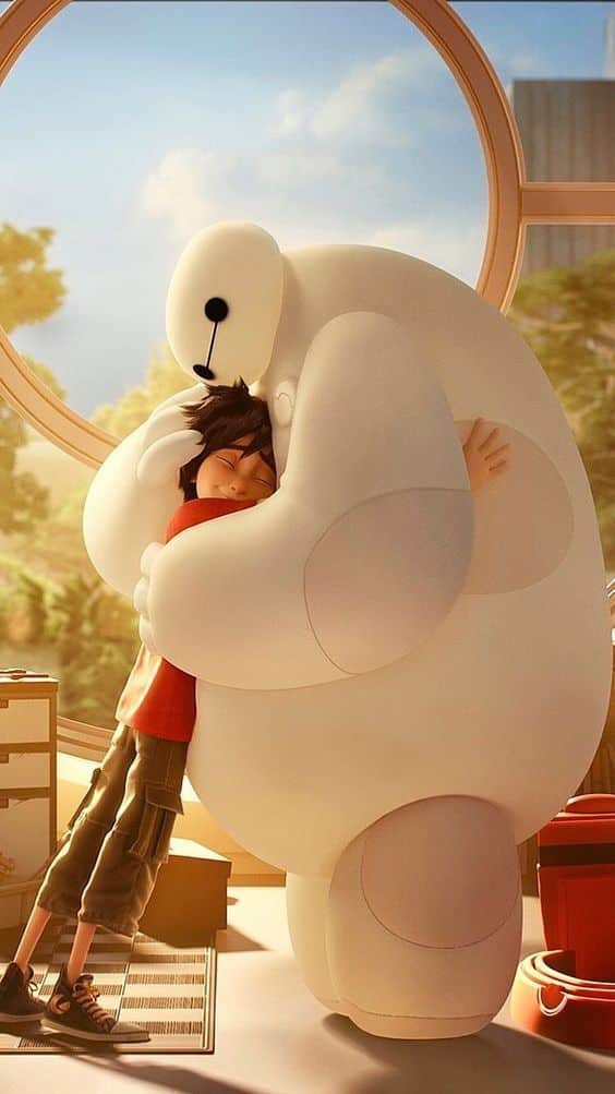 Animated character hugging a robot in a cozy, sunlit room. Warm emotional embrace.