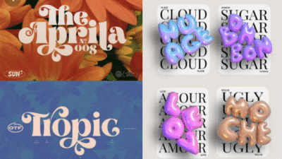Colorful graphic showcasing various playful and stylish fonts on floral and abstract backgrounds for creative inspiration.