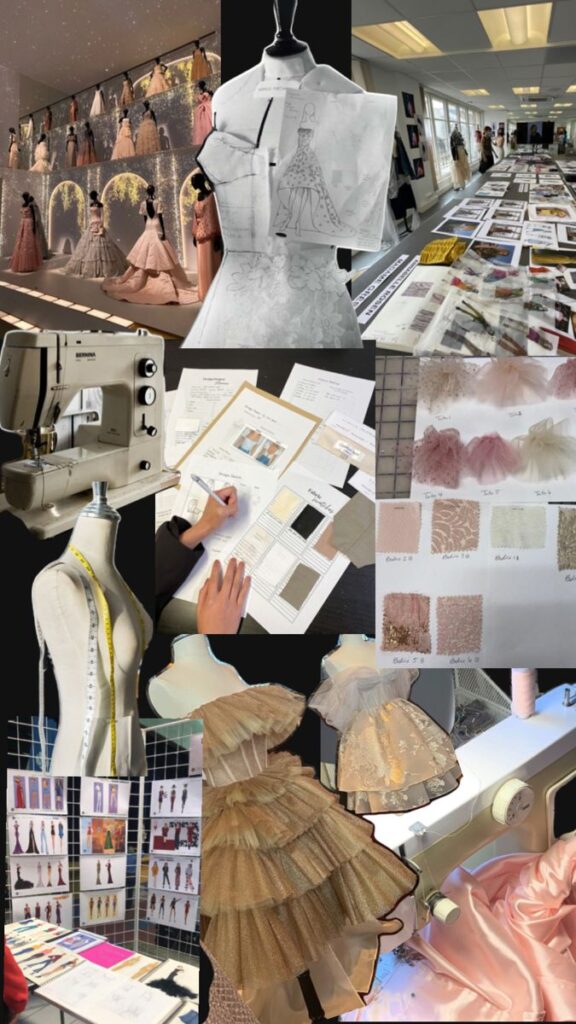 Fashion design process: sketches, fabric samples, sewing equipment, and mannequin with dress patterns in a studio setting.