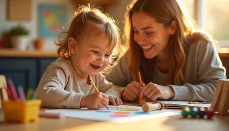 Mother and child smiling and drawing together, enjoying a creative activity in a sunlit room.