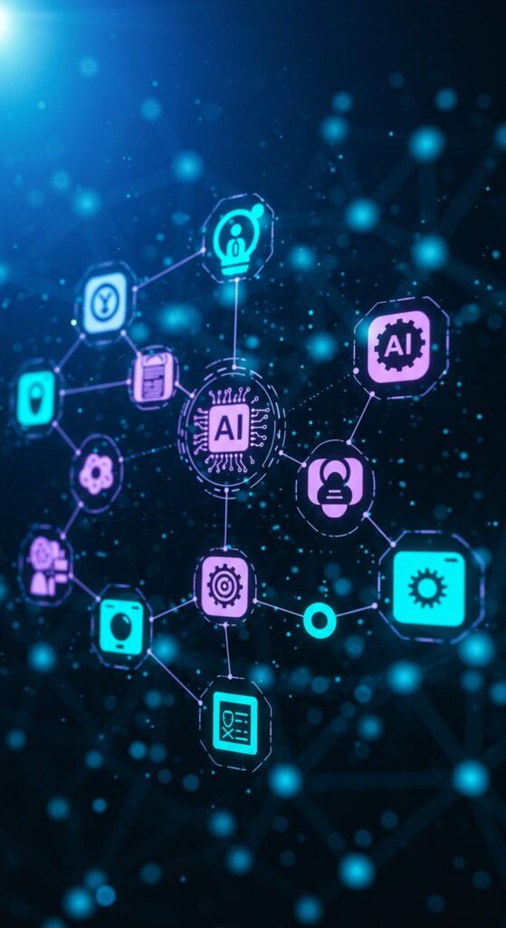 AI Meeting Assistant_ NEVER Take Notes Again Otter_Fireflies AI technology network concept with various interconnected digital icons on a glowing blue background. | Sky Rye Design AI technology network concept with various interconnected digital icons on a glowing blue background.