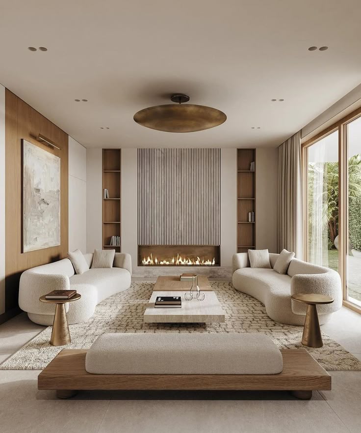 Modern living room with cozy furniture, elegant fireplace, and large windows offering natural light.
