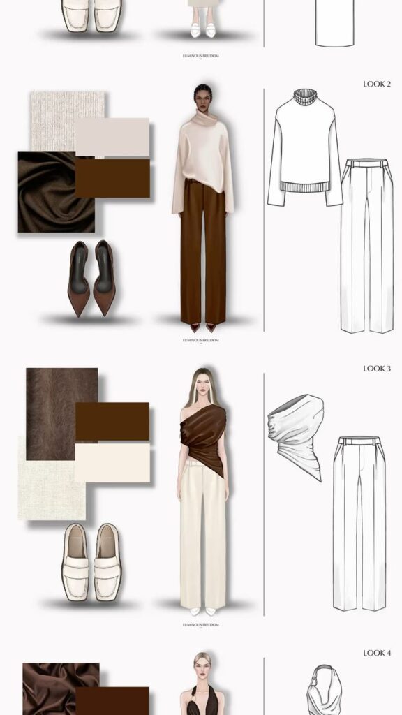 Fashion design board with brown and cream palettes, featuring outfit sketches and fabric swatches.