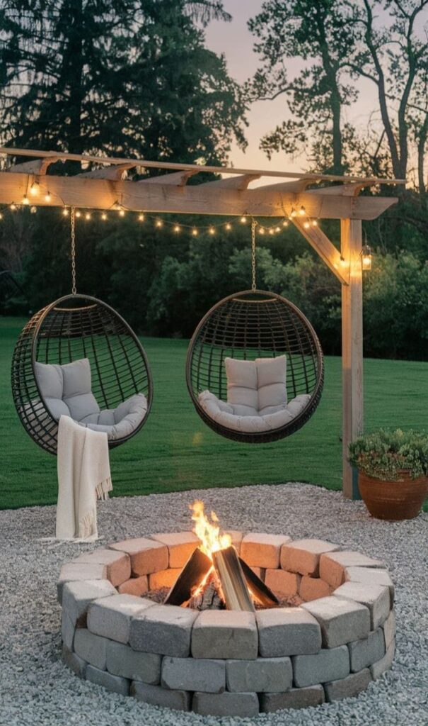 Outdoor patio with hanging chairs and a fire pit at sunset, surrounded by string lights and a lush garden.