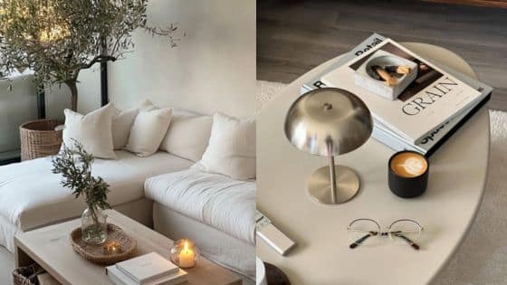 Aesthetics in the little things candles textiles colors Cozy living room with white sofa, coffee table, books, candle, and potted plant; stylish modern decor. | Sky Rye Design Cozy living room with white sofa, coffee table, books, candle, and potted plant; stylish modern decor.