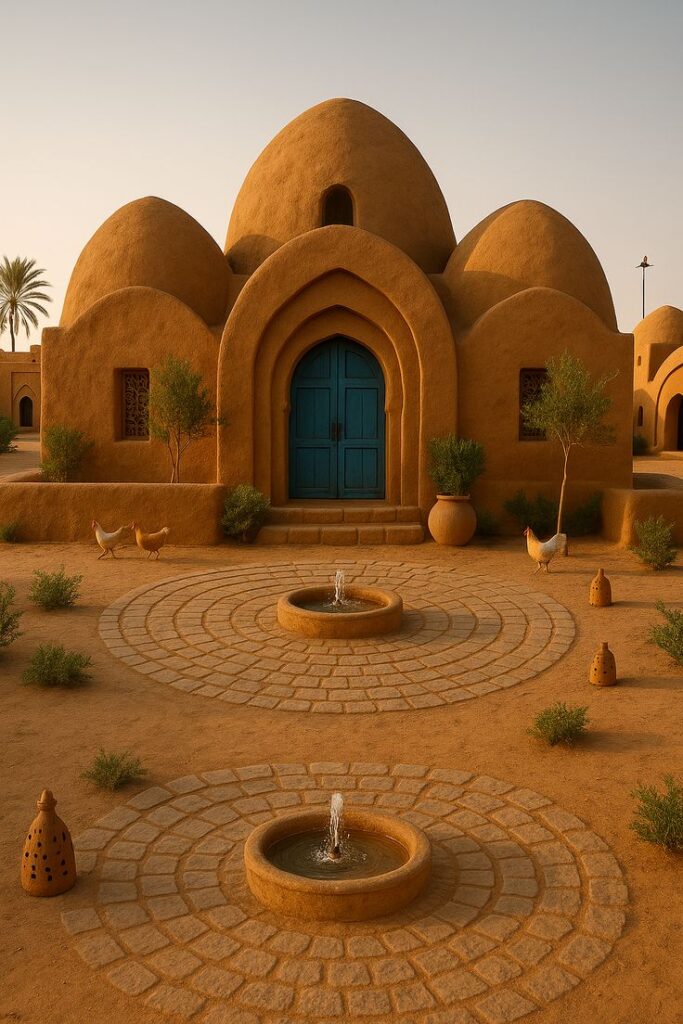 Traditional domed building with blue door, fountains, and desert landscape at sunset.