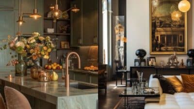 Stylish kitchen and living area with modern decor, warm lighting, and elegant design elements.