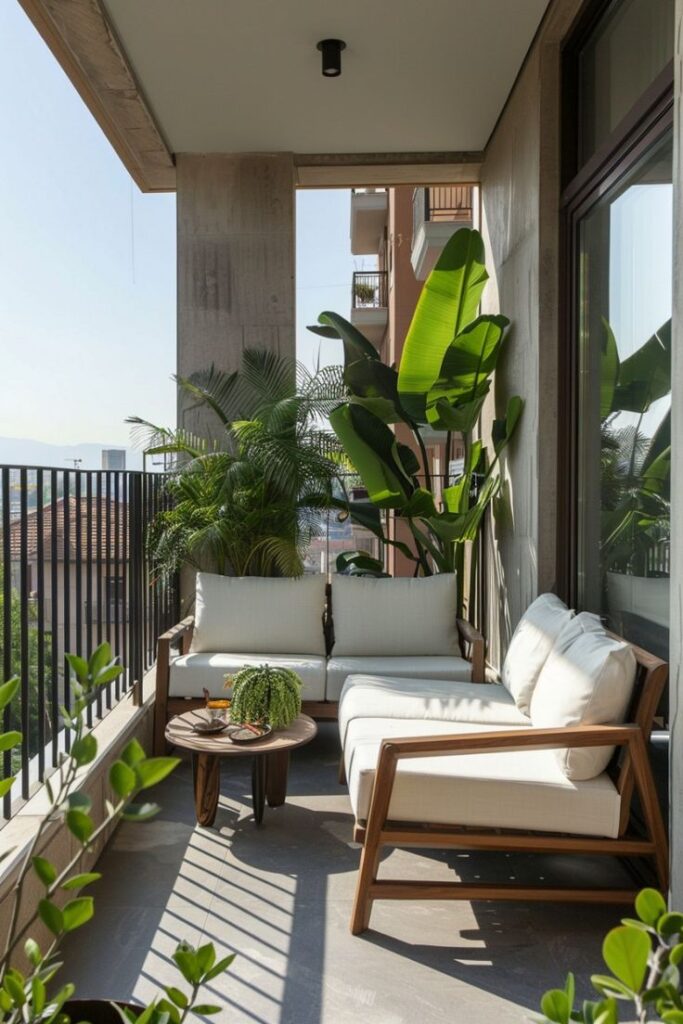 Modern balcony with cozy seating, lush green plants, and a small table, offering a relaxing urban outdoor space.