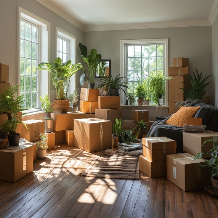 Apartment Moving Checklist_ Simple Top 10 Best Easy List Cozy room with sunlight, filled with moving boxes and green plants, creating a harmonious and vibrant indoor space. | Sky Rye Design Cozy room with sunlight, filled with moving boxes and green plants, creating a harmonious and vibrant indoor space.