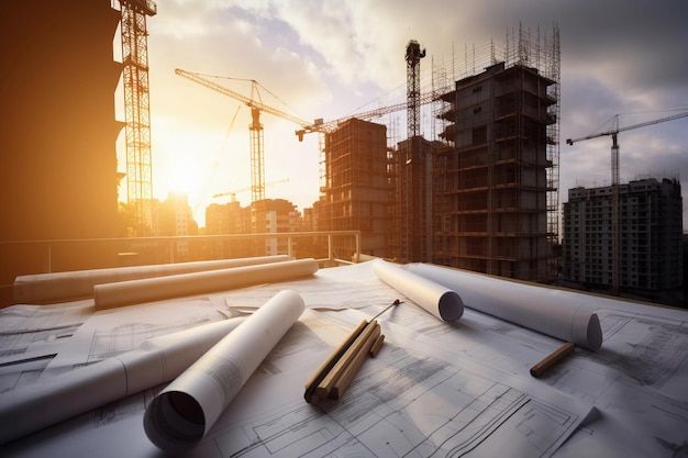 Building blueprints on a table at a construction site with cranes and high-rise buildings in the background at sunset.