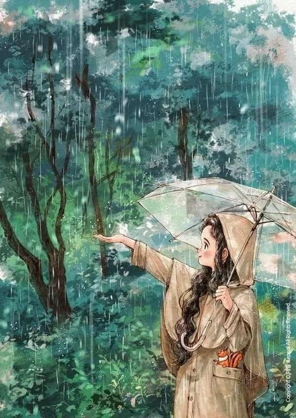 Artist Aeppol 1 Illustration of a woman with an umbrella in a rainy forest, reaching out with hand, capturing a moment in nature. | Sky Rye Design Illustration of a woman with an umbrella in a rainy forest, reaching out with hand, capturing a moment in nature.