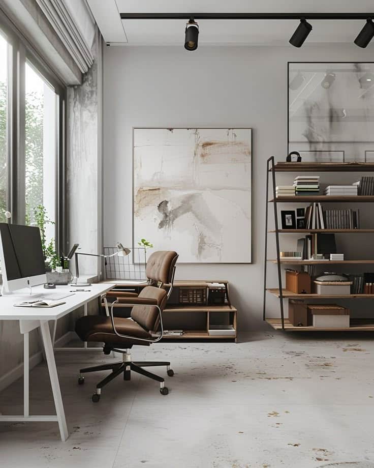 Modern home office with large window, stylish desk, brown leather chair, and bookshelves, featuring minimalist decor.