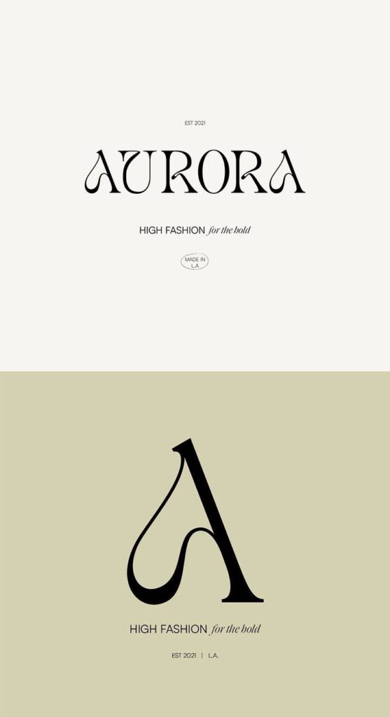Aurora Logo Aurora fashion brand logo with elegant typography, established in 2021, promoting high fashion for the bold. Made in L.A. | Sky Rye Design Aurora fashion brand logo with elegant typography, established in 2021, promoting high fashion for the bold. Made in L.A.