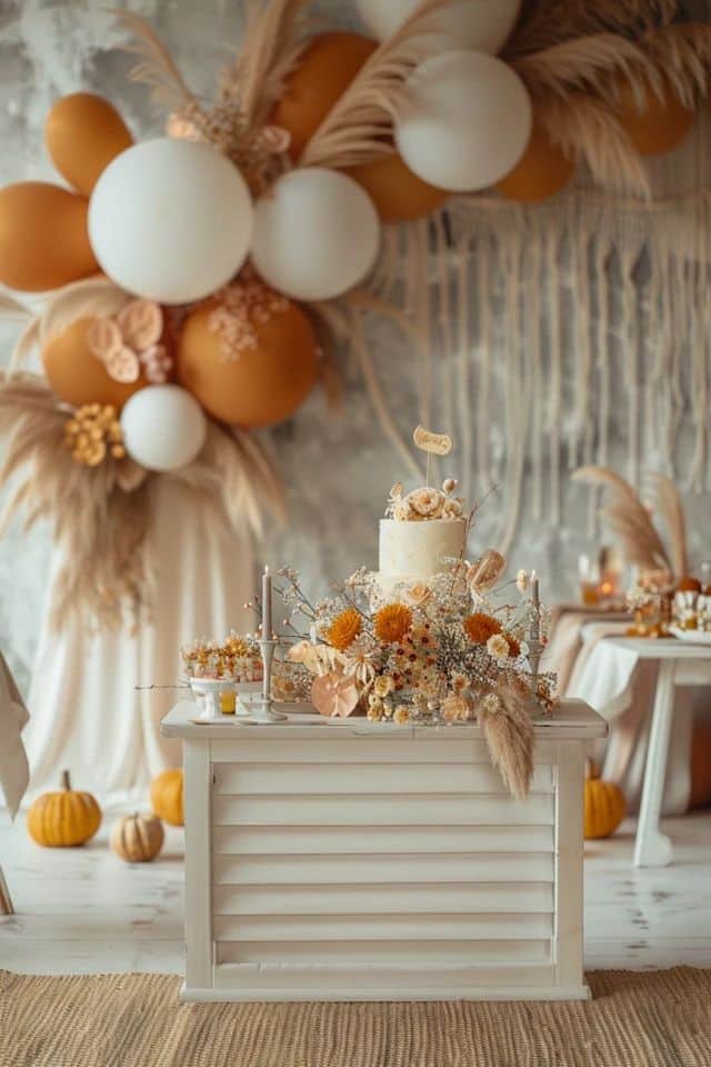 Elegant fall-themed dessert table with balloons, pumpkins, and floral decorations, showcasing a stylish cake centerpiece.
