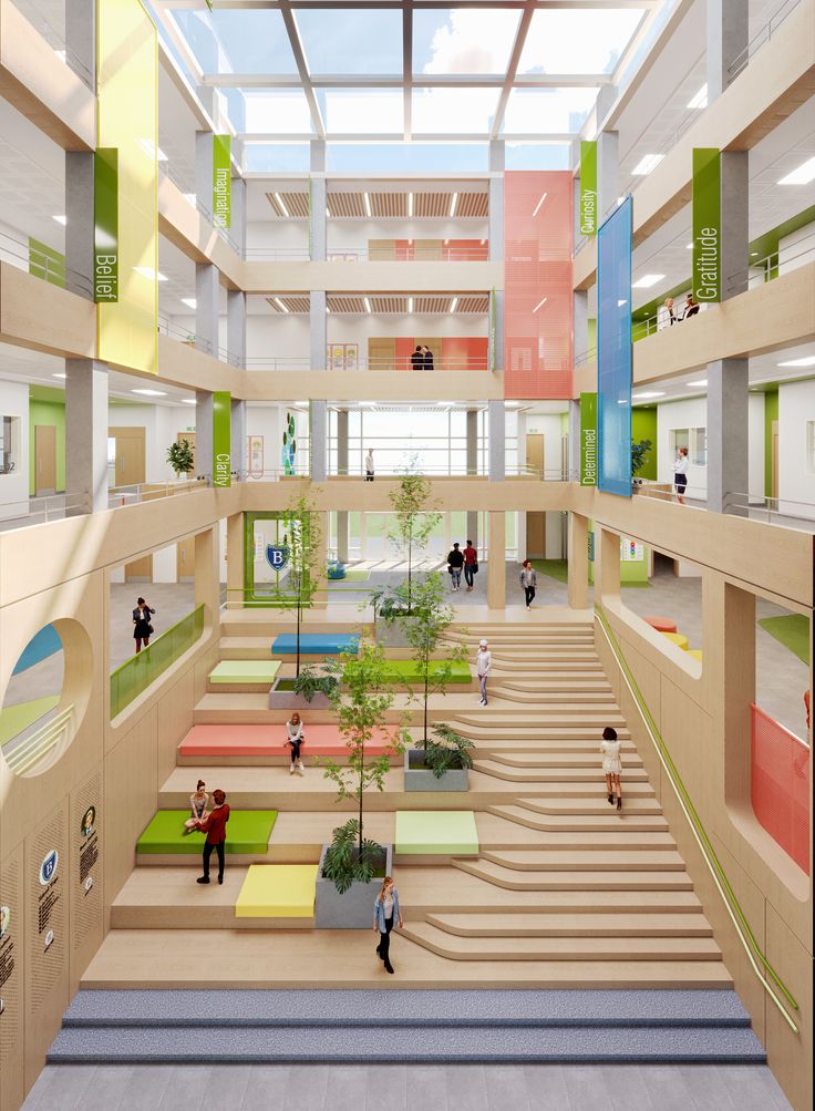 BELVEDERE SCHOOL CAIRO MAIN ENTRANCE - Rana Hossam Eldin Spacious modern school atrium with colorful seating, natural light, and indoor greenery. | Sky Rye Design Spacious modern school atrium with colorful seating, natural light, and indoor greenery.