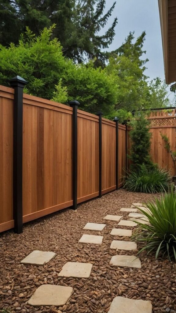 Wooden fence with black posts next to a stone pathway and lush green shrubs in a landscaped garden.