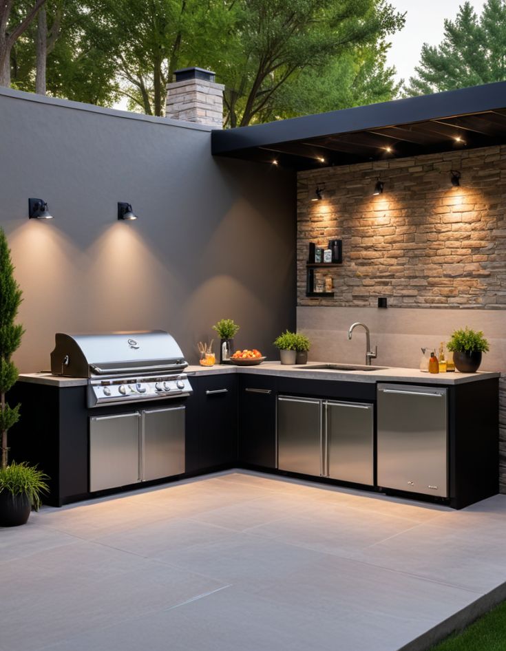 Modern outdoor kitchen with grill, sleek cabinets, and lighting, set against brick wall and surrounded by trees.