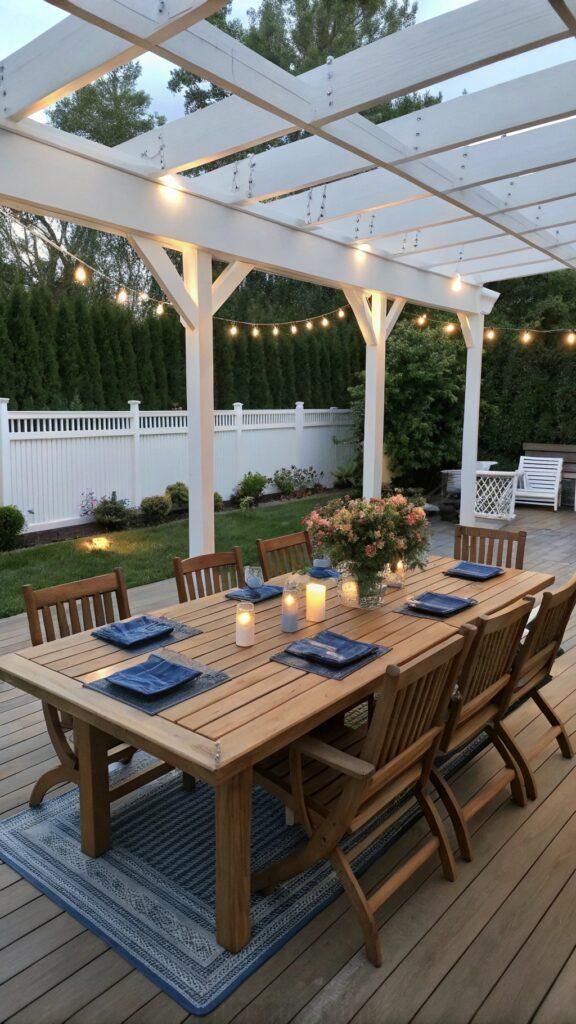 Outdoor dining area with wooden table, chairs, candles, and string lights under a pergola in a garden setting.