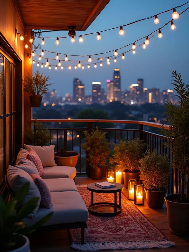 Cozy outdoor balcony with string lights, candles, and city view at dusk, featuring a sofa and plants.