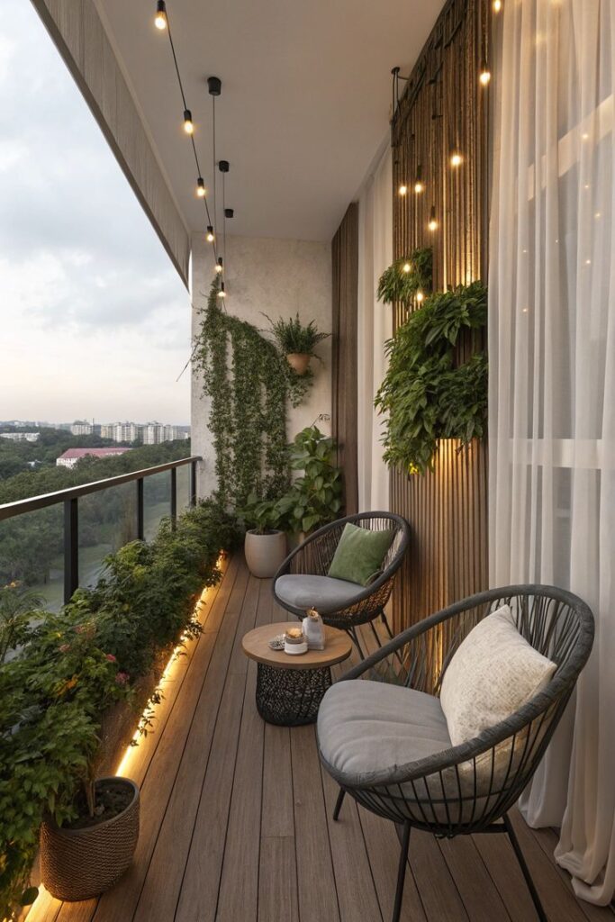 Chic balcony with plants, cozy seating, and ambient lights at dusk, offering a serene outdoor retreat.