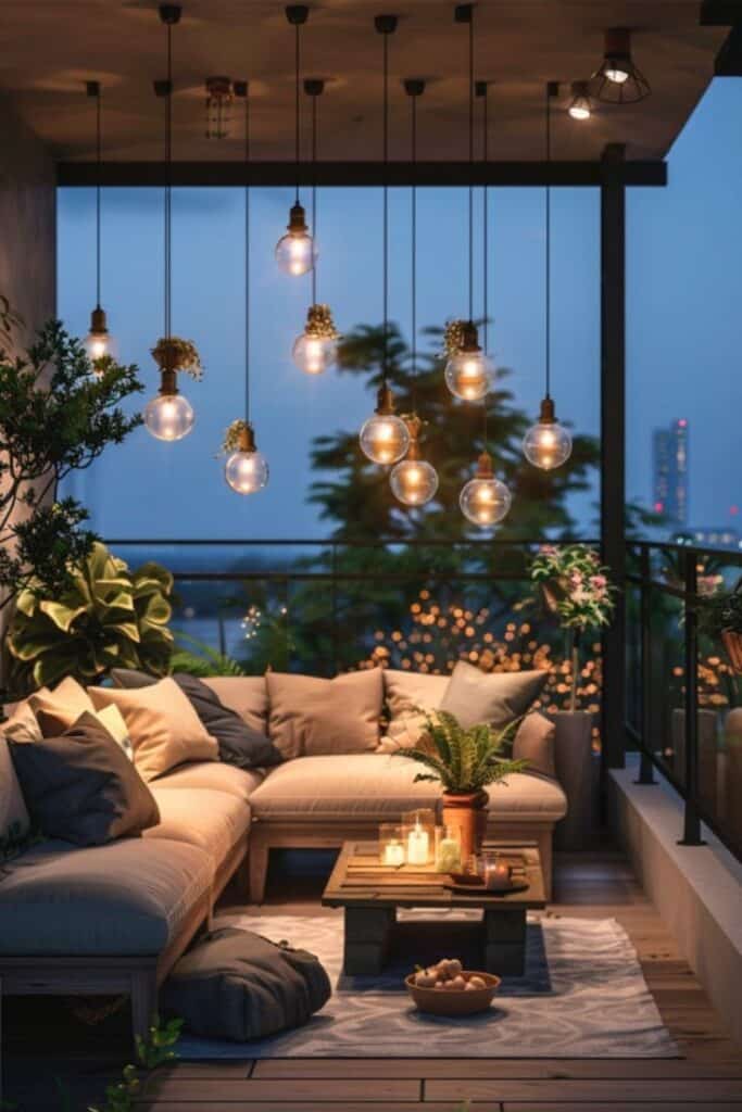 Cozy outdoor patio with pendant lights, plants, and seating area at dusk, creating a warm and inviting atmosphere.
