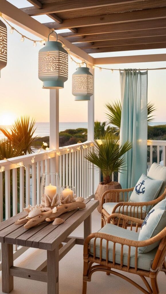 Coastal porch with lanterns, wicker chairs, sunset view, and seashell decor offering a serene, relaxing outdoor setting.