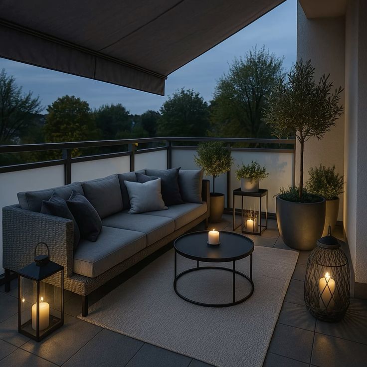 Cozy evening balcony with candles, gray sofa, cushions, and potted plants, creating a tranquil outdoor retreat.