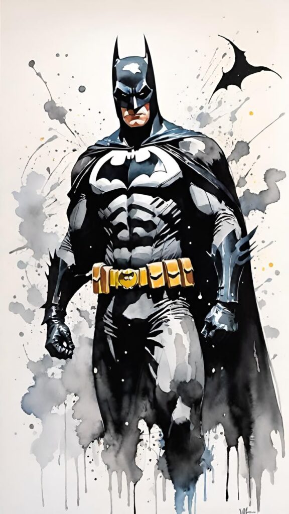 Comic-style superhero in black and gray suit with cape, standing strong against a splattered abstract background.