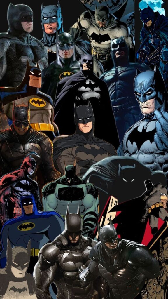 Collage of Batman illustrations and movie adaptations showcasing different styles of the iconic DC Comics character.