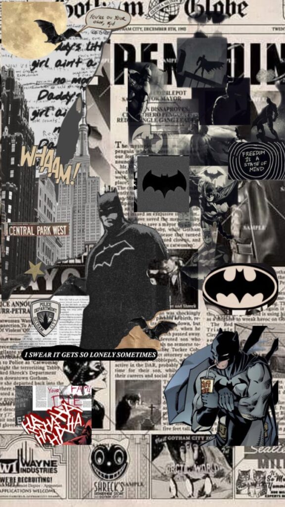 Collage of Batman-themed elements, Gotham newspaper clippings, and cityscape; iconic superhero imagery and symbols.