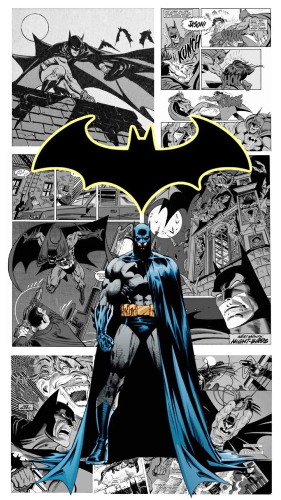 Comic-themed collage featuring a superhero in a blue and gray suit with cape, surrounded by classic action scenes.