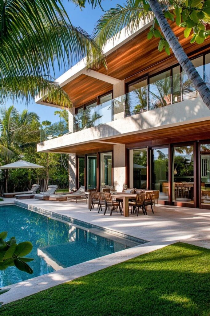 Luxury villa with modern design, palm trees, pool, and outdoor dining area, perfect for tropical living and relaxation.