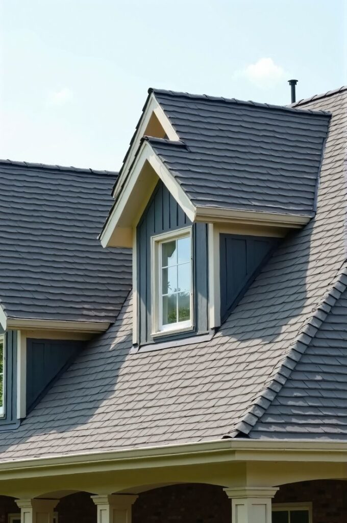 Gabled roof with gray shingles and blue siding, featuring a white-framed window.