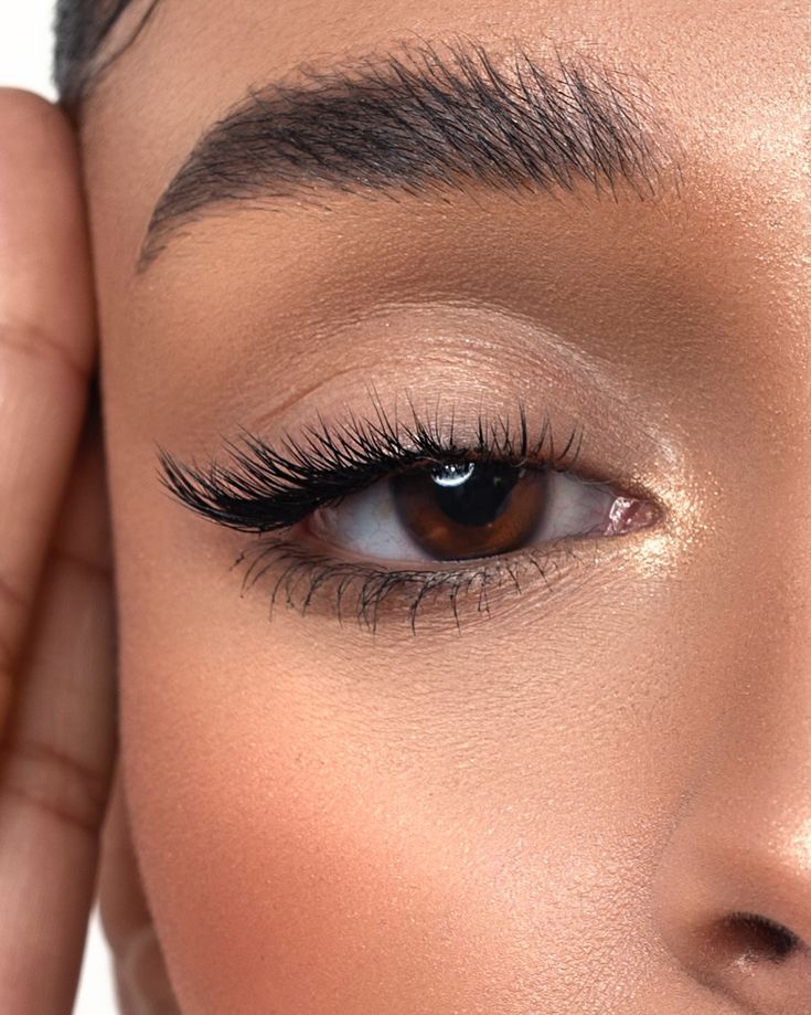 Close-up of a woman's eye with long, curled lashes and defined brows, showcasing natural makeup.