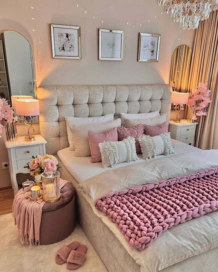 Cozy bedroom with pink accents, plush pillows, knitted blanket, and bedside tables adorned with flowers and lamps.