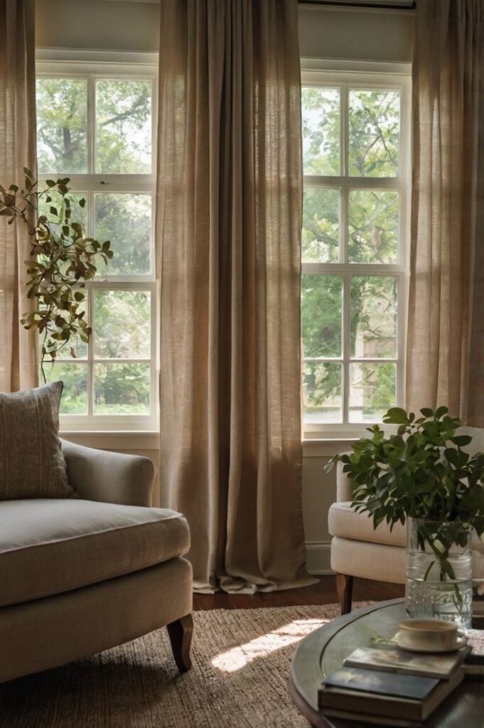 Cozy living room with beige curtains, beige armchair, potted plants, and sunlight filtering through large windows.