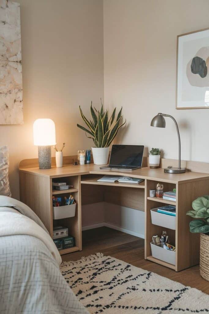 Cozy home office corner with wooden desk, laptop, plants, and soft lighting near bed, ideal for productivity.