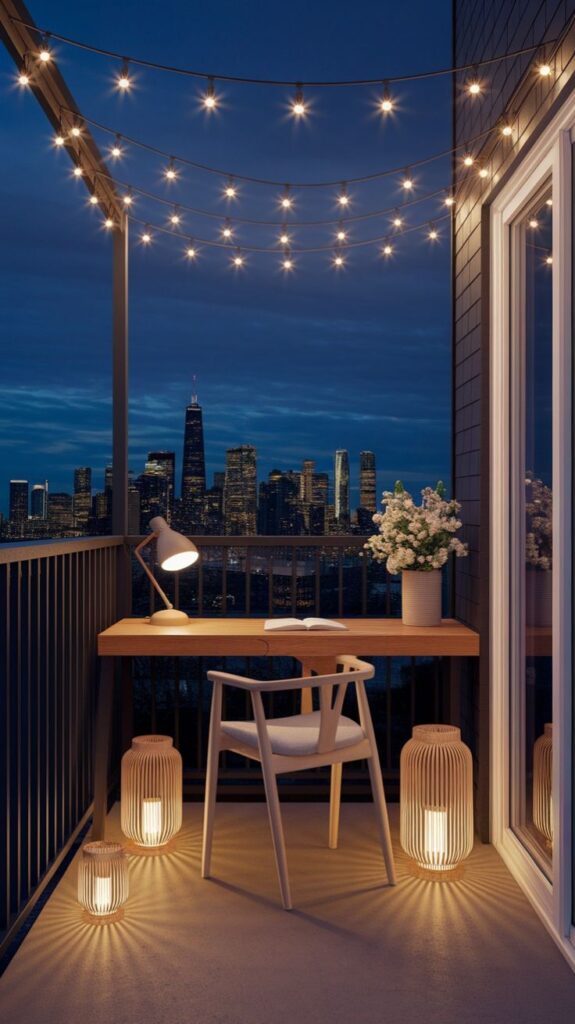 Cozy balcony workspace with string lights, city skyline view, wooden desk, chair, lamp, flowers, and soft lantern glow.