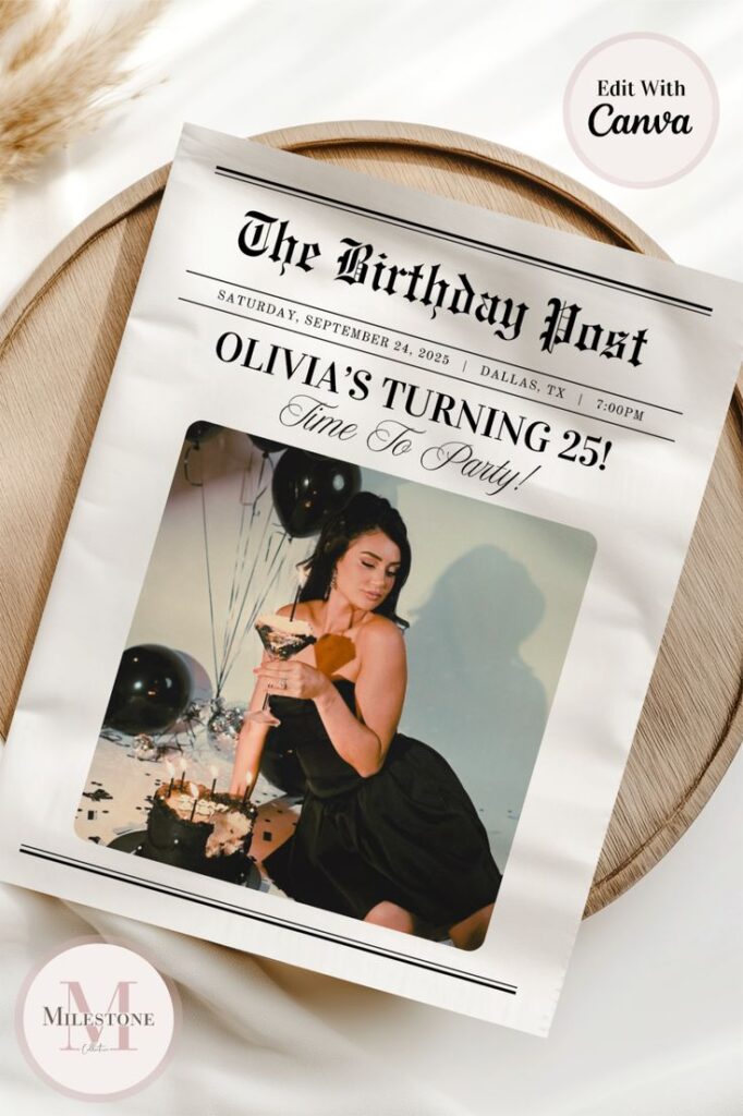 Birthday newspaper design for Olivia's 25th party with photo, cake, and balloons. Editable template on Canva.