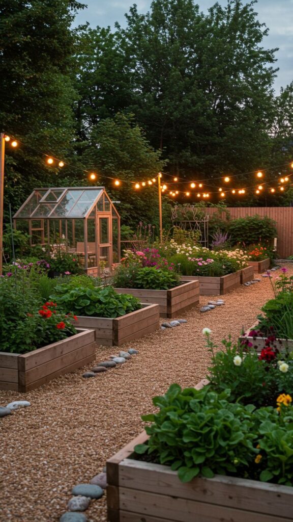 Charming garden scene with string lights, raised wooden beds, and lush greenery at dusk.