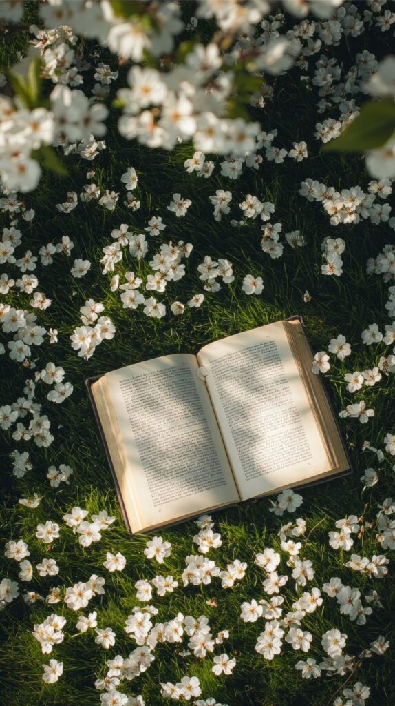 Open book on grass surrounded by white flowers, capturing a serene outdoor reading scene.