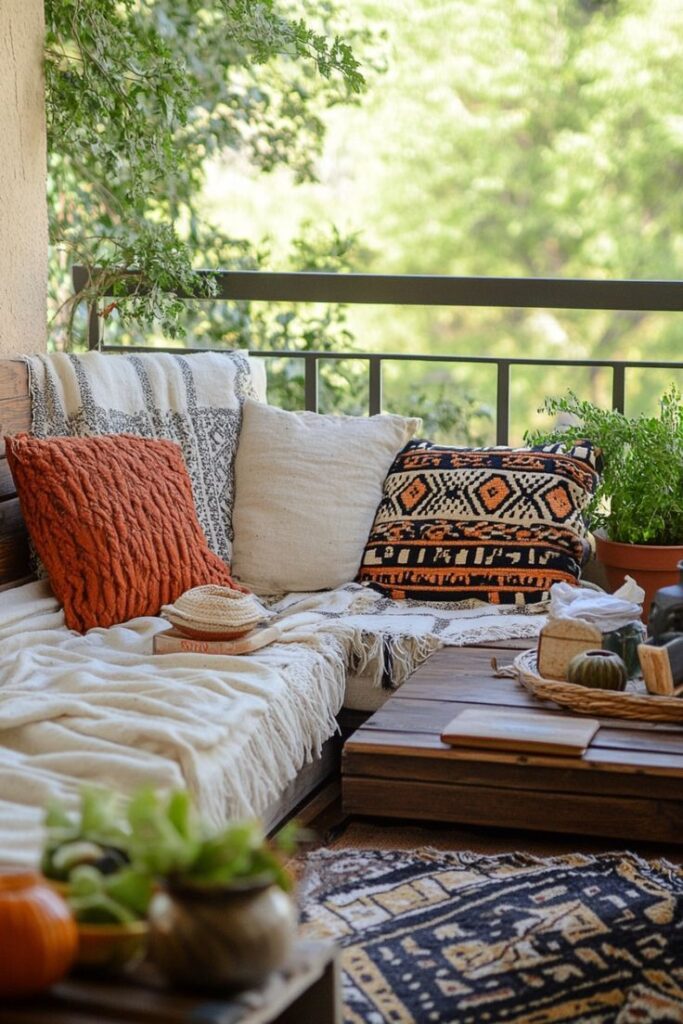 Cozy balcony with patterned cushions, a wooden table, and lush greenery, perfect for relaxing outdoors.