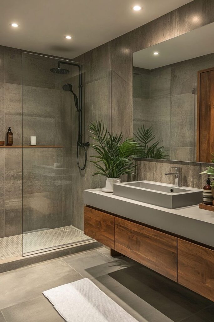 Modern bathroom with glass shower, wooden vanity, and sleek gray tiles, featuring greenery for a fresh touch.