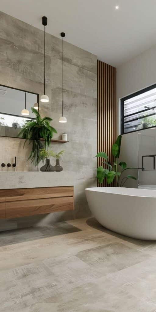 Modern bathroom with freestanding tub, wood accents, and large plants, featuring pendant lights and a minimalist design.