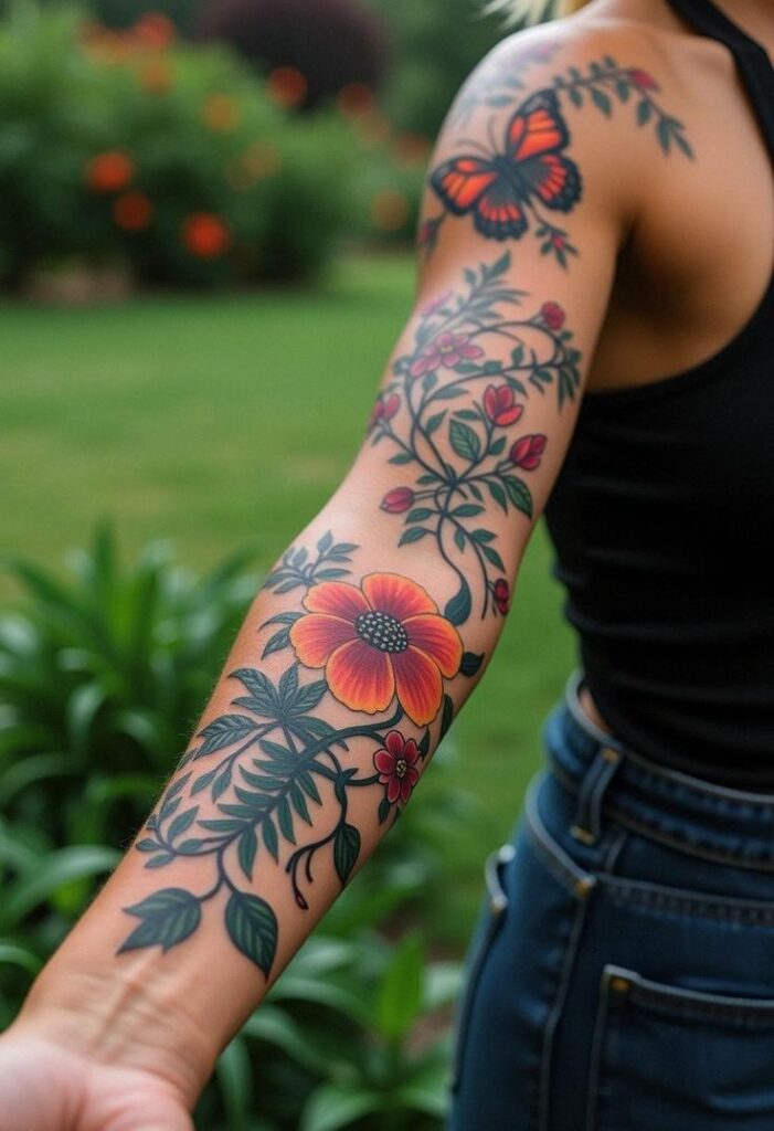 Colorful floral and butterfly tattoo sleeve on a woman's arm, set against a vibrant garden background.