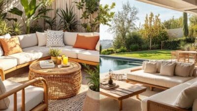 Modern outdoor patio with elegant wicker furniture and vibrant greenery by a serene pool.