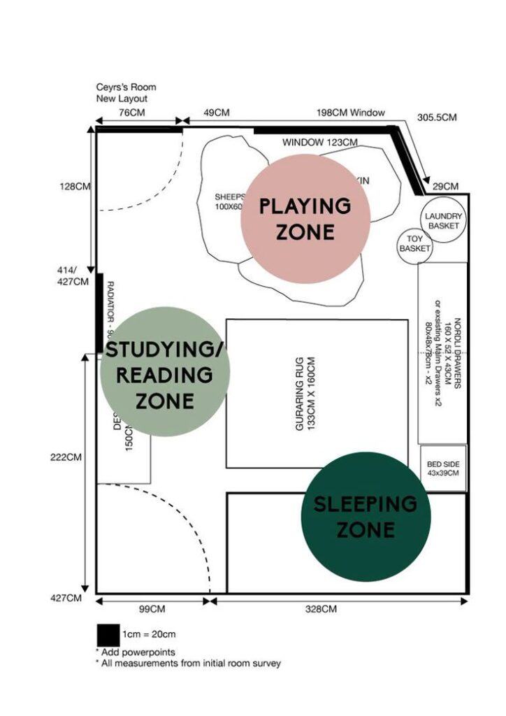 Room layout with designated zones: Playing, Studying/Reading, Sleeping. Detailed measurements in centimeters.