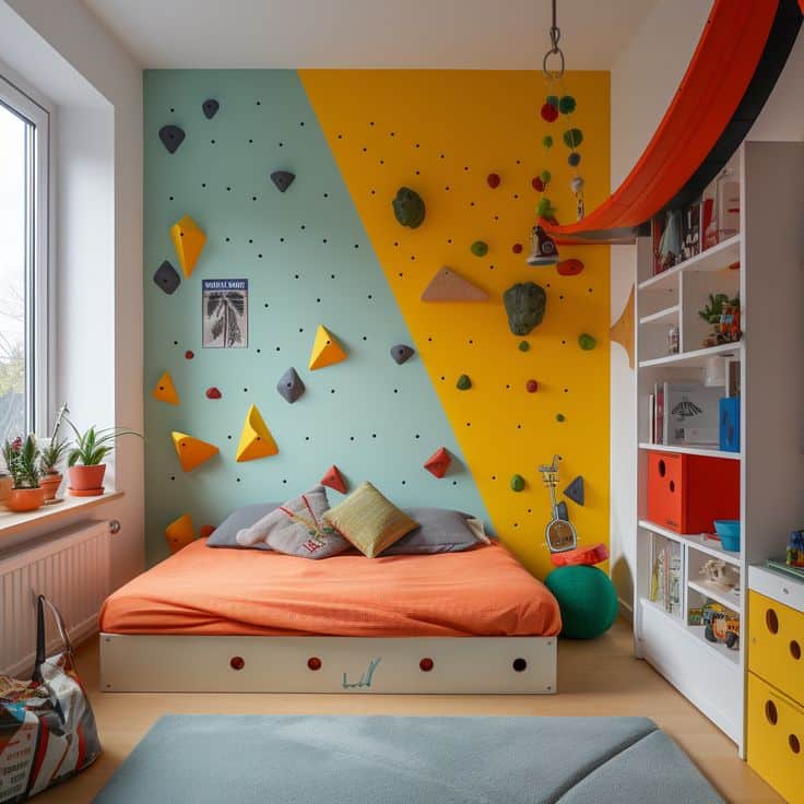 Boys climbing room Kids' room with colorful climbing wall, cozy bed, and vibrant decor. Ideal for fun and active play. | Sky Rye Design Kids' room with colorful climbing wall, cozy bed, and vibrant decor. Ideal for fun and active play.