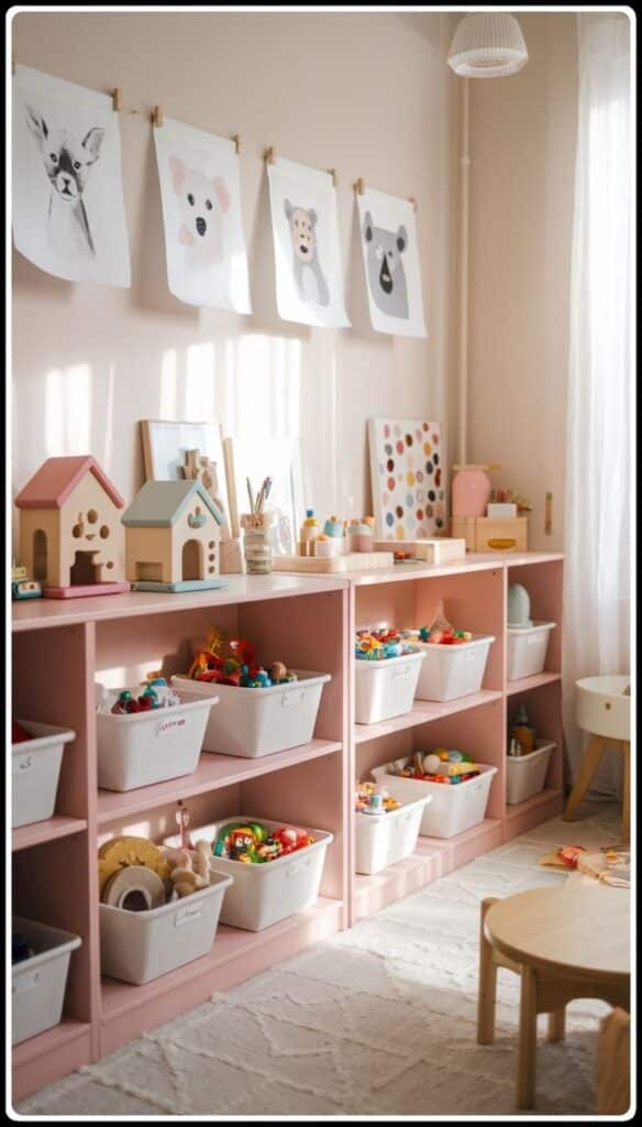 Bright playroom with pink shelves, organized toys, and animal posters on the wall, creating a cheerful kids' space.