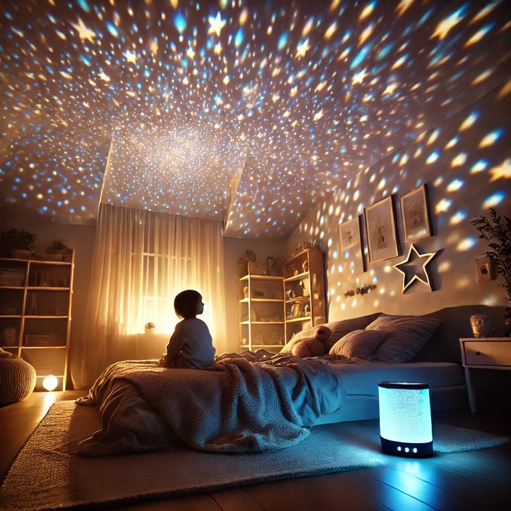 Child in a cozy bedroom with starry light projector illuminating the ceiling and walls.